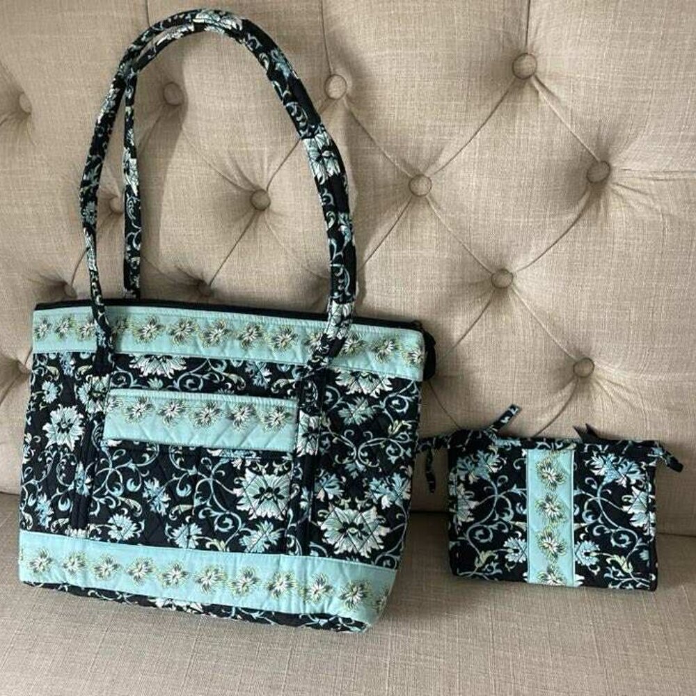 NWOT Lemon Hill Fabric Bold Black & Aqua Floral Tote and Wallet